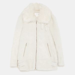 Zara off white Ecru Faux Fur Biker Jacket Coat